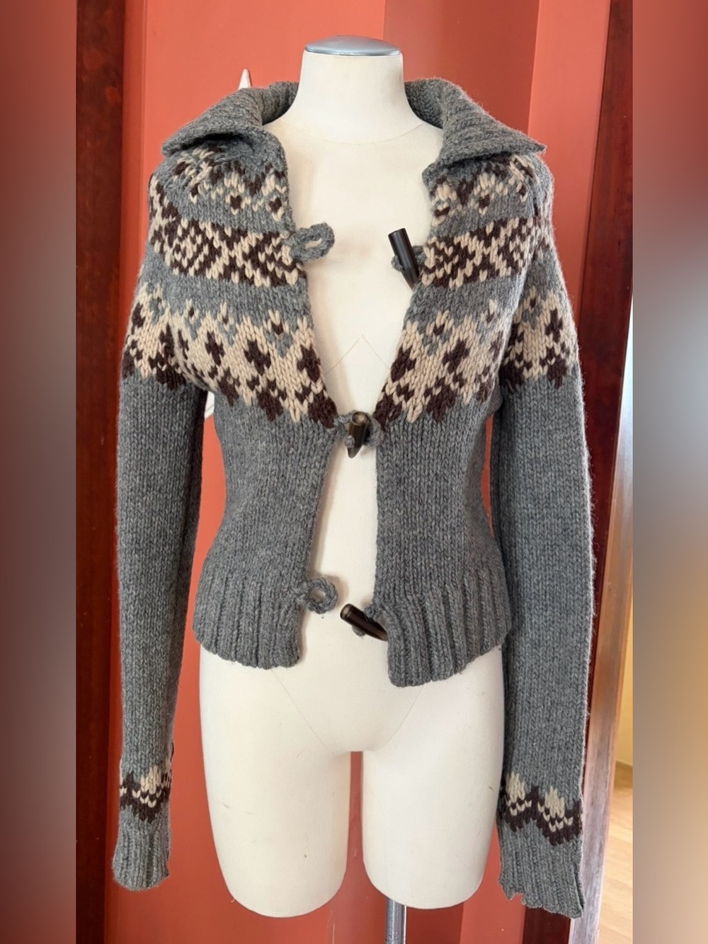 Abercrombie Vintage Y2K Gray Nordic-Pattern Women’s Knit Sweater Jacket